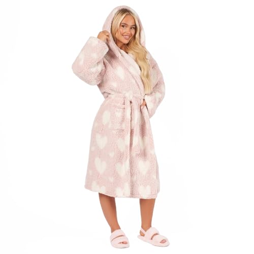 OHS Teddy Marl Ladies Dressing Gowns Hearts Pink, Womens Dressing Gowns Soft Warm Comfy Women Hooded Luxury Oversized Fluffy Dressing Gown, One Size