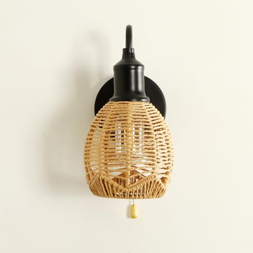 Image of Modern wall sconce,Pull Chain Wall Light,Hardwired wall Sconce with Switch,Pull Chain Sconce,Pull Chain Wall Light Fixture,Pll Chain Light Fixture,Wall Sconce with Switch (Black+Rattan shade)