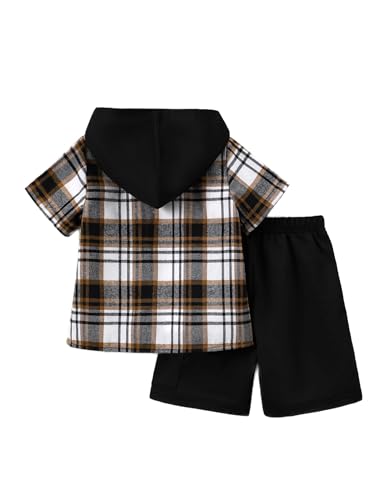 Image of Boys Clothes Shorts Sets Plaid Short Sleeve Hooded Button Shirt and Jogger Shorts for Kids Summer Outfits