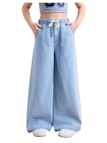 Girl's Wide Leg Jeans Drawstring Waist Baggy Denim Pants Casual Long Trousers with Pockets