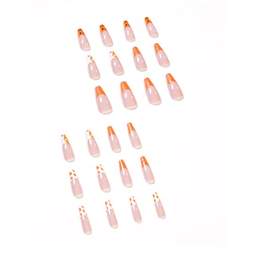 SINHOT Long Length Ballerina Press on Nails with Designs Orange Cute Pattern Acrylic Nails Press onips for Acrylic Nails Professional Beginner False Nails for Girls Women Nail 24pcs