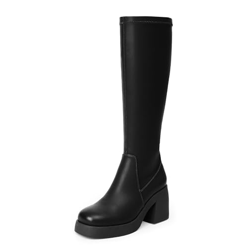 Knee High Boots Women Square Toe Elastic Boots Platform Chunky Heel Stretchy Tall Boots Side Zipper Fashion Dress Long Boots