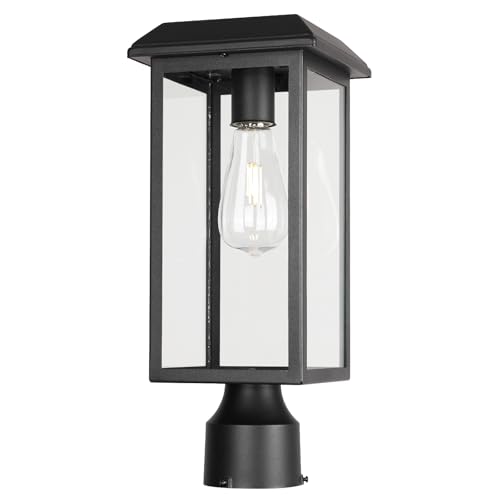 Diyel Solar Outdoor Post Lantern Light, Modern Exterior Pillar Lighting with Black Finish & Clear Glass, Dusk to Dawn Outside Pole Light for Garden, Backyard, Courtyard, Patio, Pathway, RZSR008A-P