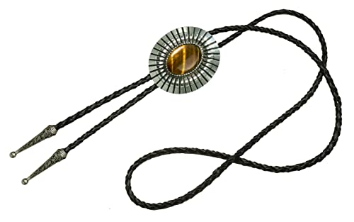 Image of Moranse Bolo Tie with Natural Tiger Eye Stone Celtic Style Genuine and Cowhide Rope