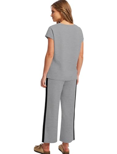Image of Saloogoe Two Piece Sets for Women Summer Outfits Lounge Sets V Neck Tops Wide Leg Pants Woman Vacation Travel Outfits