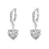 Huggie Crystal Heart Hoop Earrings for Women Girls 925 Sterling Silver CZ Charms Dangle Drop Small Hoops Cartilage Hypoallergenic Cute Jewelry (Silver)