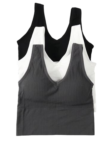 WDIRARA Girl's 3 Pack Rib Knitted Textured V Neck Wireless Bra Comfort Workout Tops Seamless Bralettes