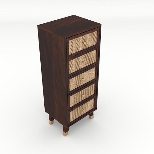 Image of Solid Sheesham Wood 5 Drawer Chest | Rosewood Chest of Drawers with Cane Front | Tall Storage Cabinet for Bedroom & Living Room (Walnut Finish)
