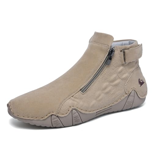 Image of Mens Mid-Top Leather Chukka Ankle Boots with Side Zipper Casual Comfortable Round Toe Non-Slip Flats Loafers for Walking Outdoor Hiking