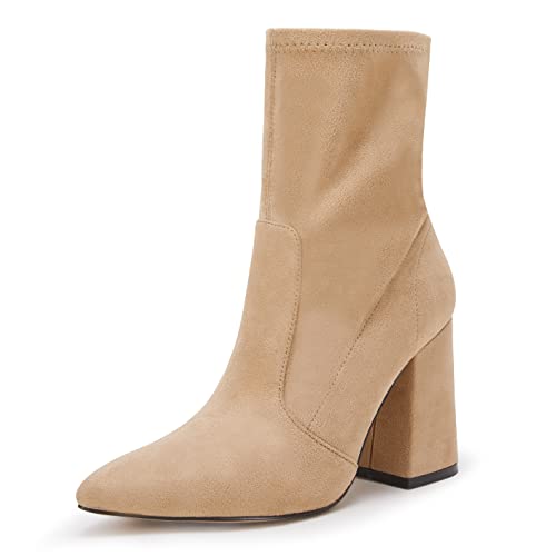 Photo 1 of PiePieBuy Womens Pointed Toe Ankle Boots Chunky Heel Zipper Faux Leather Winter Chelsea Boots 8.5 Khaki