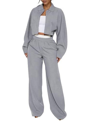 EXLURA Womens Fall 2 Piece Outfits Long Sleeve Zip Up Crop Jackets Long Wide Leg Pant Suits Airport Travel Matching Sets 2025