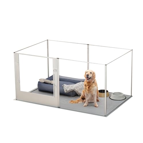 BingoPaw Acryl Wurfkiste Hunde Laufstall: Transparent Hundezaun Wohnung Welpenzaun 80cm hoch, XXL Welpenauslauf mit wasserdichter Bodenmatte und Tür, 163x102x80 cm