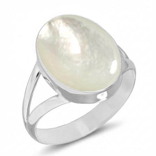Jeweloporium Nacre Blanche Bague Recouverte d'Argent Taille 70, Bague en Argent .925 pour Femme, Authentique Bijoux Bohème avec Pierre Précieuse Ovale...