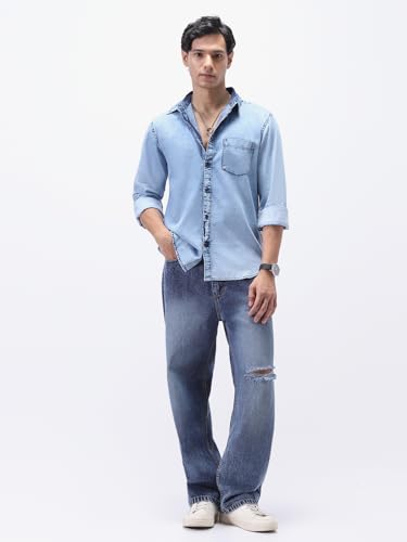 Image of Urbano Fashion Men's Regular Fit Full Sleeve Washed Denim Shirt