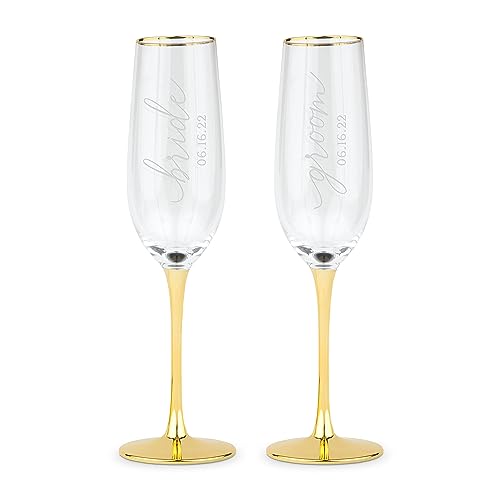 WEDDINGSTAR Customizable Gold Accented Champagne Flutes - Bride & Groom - Set of 2