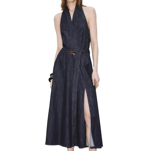Amazon.com: URBAN REVIVO Women's Summer Denim Dress Halter Neck Backless  Midi A-Line Dresses with Adjustable Waist Tie Blue, Large : Clothing, Shoes  & Jewelry