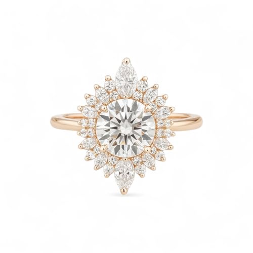 14K Gold Sunburst Moissanite Engagement Ring Vintage Halo Marquise & Round Cut Bridal Ring Art Deco Statement Wedding Jewelry Gift for Women