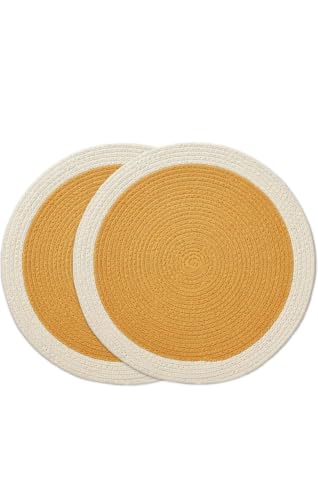 Image of Cotton Rope Placemats, Round Red with White Border, Set of 4, Heat Resistant Table Mats (Yellow and White)