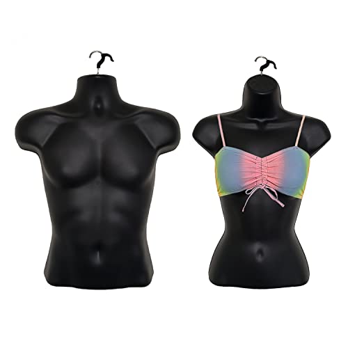 DisplayTown Male and Female Mannequin Torso with Metal Stand Hollow Back Body Stackable Dress Form for Tshirt Display, Countertop, Craft Shows, S-M Size (Black, Set of 1)