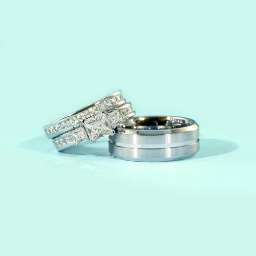 Couple Rings White Gold Plated 925 Sterling Silver Ring Square 1.5CT CZ Women Wedding Ring Sets Men Titanium Steel Ring4