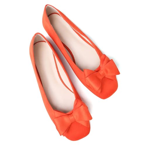 HuangTaiJi Qing Women's Bow-Knot Ballet Flats Suede Square Toe Dressy Flat Shoes Comfortable Walking Slip-On Loafers