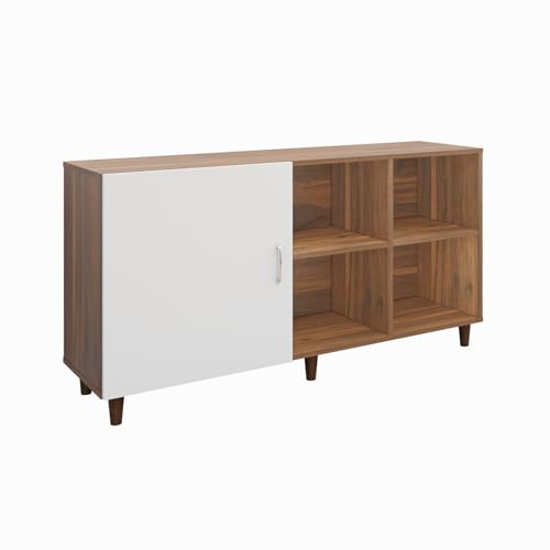 Image of VIKI Modern TV Unit for Living Room | Engineered Wood TV Cabinet with 1 Door Storage & 2 Open Shelves, Entertainment Unit, 140W x 74H x 40D cm | DIY | 1 Year Warranty (Walnut & White)