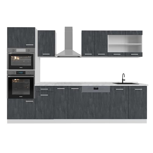 Vicco Küchenzeile R-Line, Schwarz Beton, 300 cm AP Marmor, mit variabel anordenbaren Modulen und höhenverstellbaren Füßen