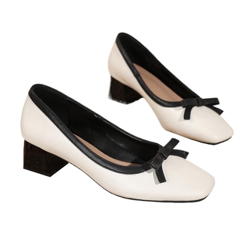 Women's Leather Bow Chunky Heel Pumps Fashion Closed Square Toe Block Heel Slip-On Shallow Wedding Shoes Party Dance Work Formal Shoes