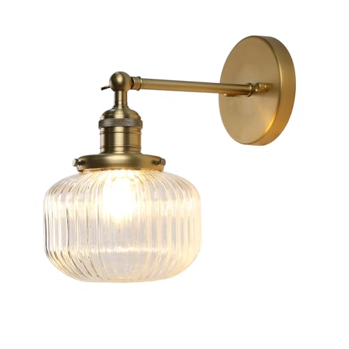 Image of PERMO Single Sconce Vintage Industrial Wall Sconce Light Fixture with Flate Globe Ribbed Shade for Bedroom Livingroom Bathroom (Brass Gold)