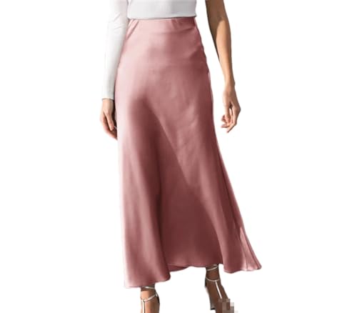 Fashion High Waist Solid Midi Skirt Women Holiday Work Party Satin Skirts