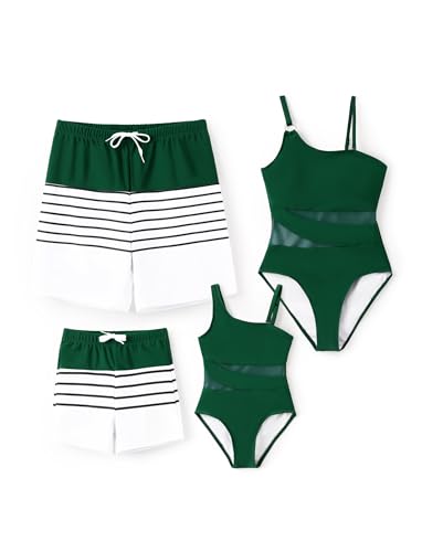 PATPAT Family Matching Swimsuits: Boys' Bathing Suit Quick-Dry Swim Trunks with Elastic Waistband - Daddy and Son Matching Beach Board Shorts for Summer Vacations, Green, Boy, 8-9 Years