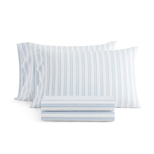 Image of Martha Stewart - Full Size Sheets Set, Crisp & Tailored Cooling Sheets with a Smooth Cotton Percale Lightweight Feel - Bed Sheets with Matching Pillowcases & Fitted Sheet (Francesca Stripe Blue)