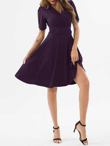 Image of Women's Summer Casual Dress Short Sleeve Wrap V-Neck A-Line Dress Sundress Wedding Guest Cocktail Midi Dresses