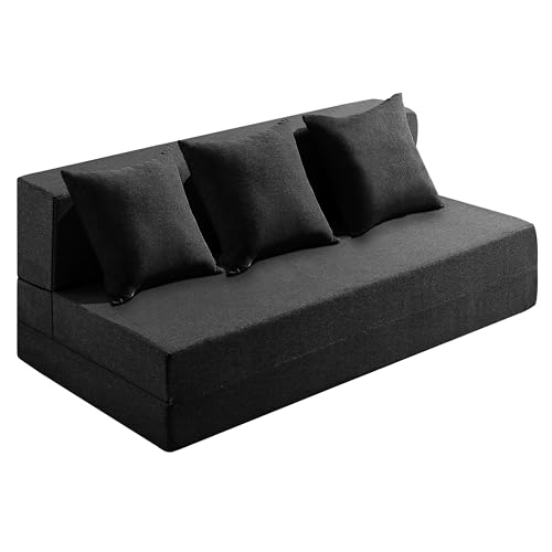 Image of Urban Decor Foldable Sofa Bed 6' X 6' Feet with Cushions | Perfect for Guest Jute Fabric Four Seater Sofa Cum Bed for Home & Office Space-Saving - SCB-4-Black
