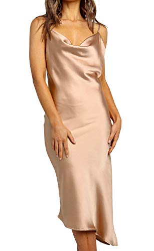 R.Vivimos Women s Satin Dress Spaghetti Straps Side Slit Cowl Neck Irregular Hem Midi Dress (X-Large, Champagne)