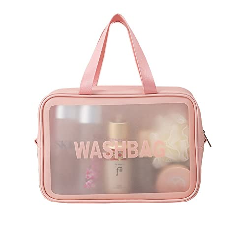 SUNSHINETEK Trousse de Toilette étanche en PVC Trousse de Toilette Rose Trousse de Toilette Portable Transparente Trousse de Maquillage zippée en PU pour Salle de Bain de Voyage Femmes(Grand)