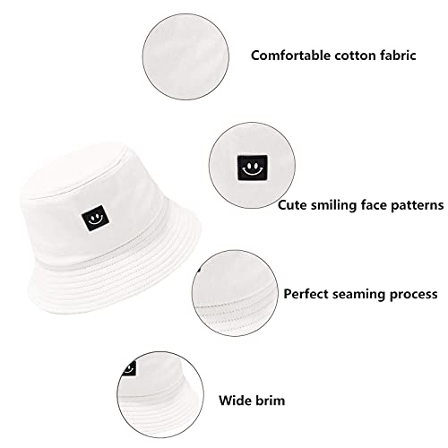 Kids Sun Hat Smile Face Bucket Hat For Girls Boys Summer Sun Protection Cotton Unisex Beach Cap(White) #TOP2