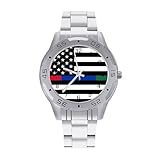Reloj de pulsera de acero inoxidable con bandera de Estados Unidos y policía y bomberos para hombre