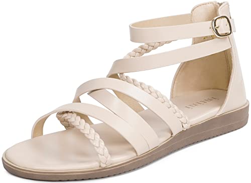 Womens Summer Gladiator Flat Sandals Cross Strappy Cute Ankle Strap Back Zip Dressy Shoes Beige Size 6 M Us #TOP13