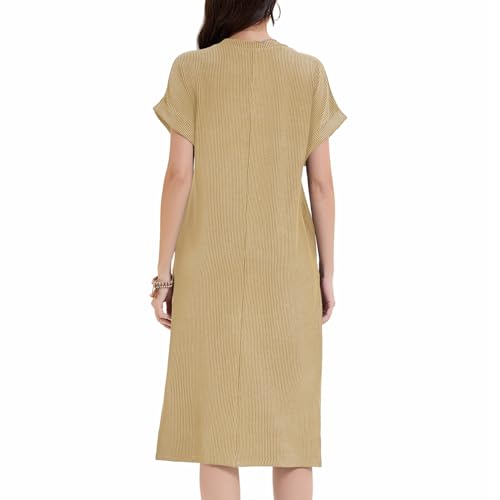 Image of Womens Casual T Shirt Dress Summer Fall Crewneck Loose Fit Side Split Knee Length Dress Ribbed Pattern with Pockets