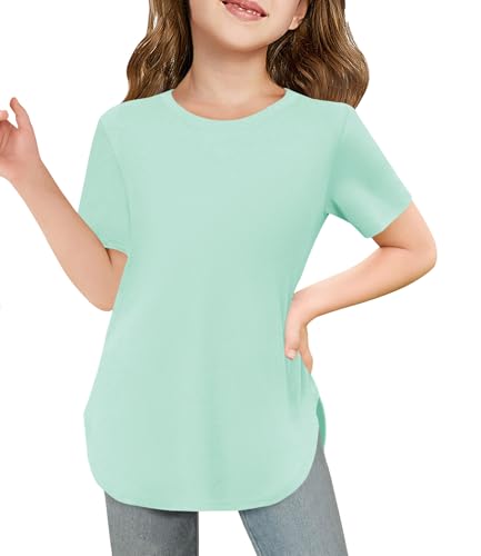 Image of Haloumoning Girls Summer Short Sleeve Shirt Kids Crewneck Curve Hem Soft Tunic Tops T-Shirts 5-14 Years