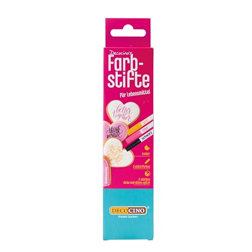 DECOCINO Lebensmittel-Farbstifte –3er Set – essbare Filzstifte mit Lebensmittel-Farbe – zum Verzieren von Kuchen, Torten uvm. – glutenfrei & laktosefrei