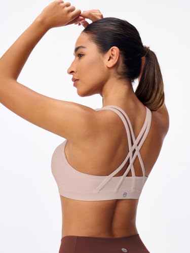 Image of Women's Strappy Sports Bras Light Compression Crop Criss Cross Back Padded Workout Yoga Bra Supportive U Neckline