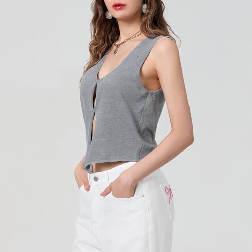 Image of Crochet Knitted Vest for Women Vintage Y2K Hollow Out Button Down Cardigan Retro Crochet Knit Tank Vest