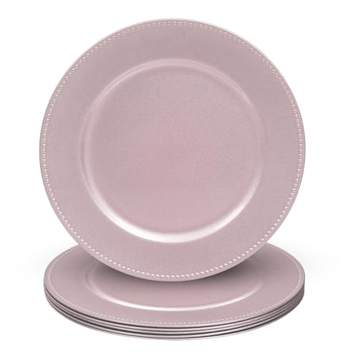 MAONAME 13" Pink Charger Plates, Plastic Plate Chargers with Beaded, Round Charger for Dinner Plates, Plate Chargers for Wedding, Table Decor, Set of 6