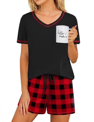 Ekouaer Pajama Set for Women 2 Piece Lounge Set Short Sleeve Tops and Shorts Print Pjs Sleepwear with Pockets Christmas Red Plaid Medium