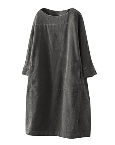 Onsoyours Damen Corduroy Tunika Kleider Rundhals Langarm Longshirt Oversize Pullover Lange Cordkleid Tshirt Kleider mit Taschen Dunkelgrau XL