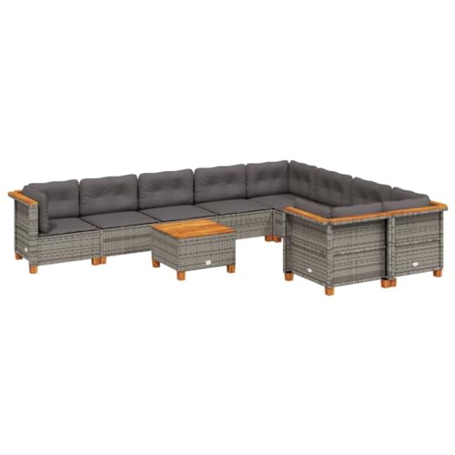 Eleganz Juego de 10 sofás de jardín de ratán sintético gris con cojín, acero recubierto de polvo y madera de acacia maciza, duradero y resistente a la intemperie, perfecto para terraza y jardín
