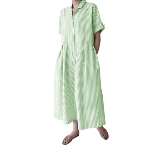Image of chouyatou Women's Cotton Striped Shirt Dress Button Up Short Sleeve Midi Long Shift Dress with Pockets