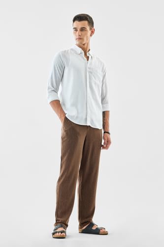 Image of SNITCH Men Casual Trousers | Relaxed Fit Pinstripe Design | Breathable Viscose Blend & Lightweight Fabric for Summer & Everyday Wear